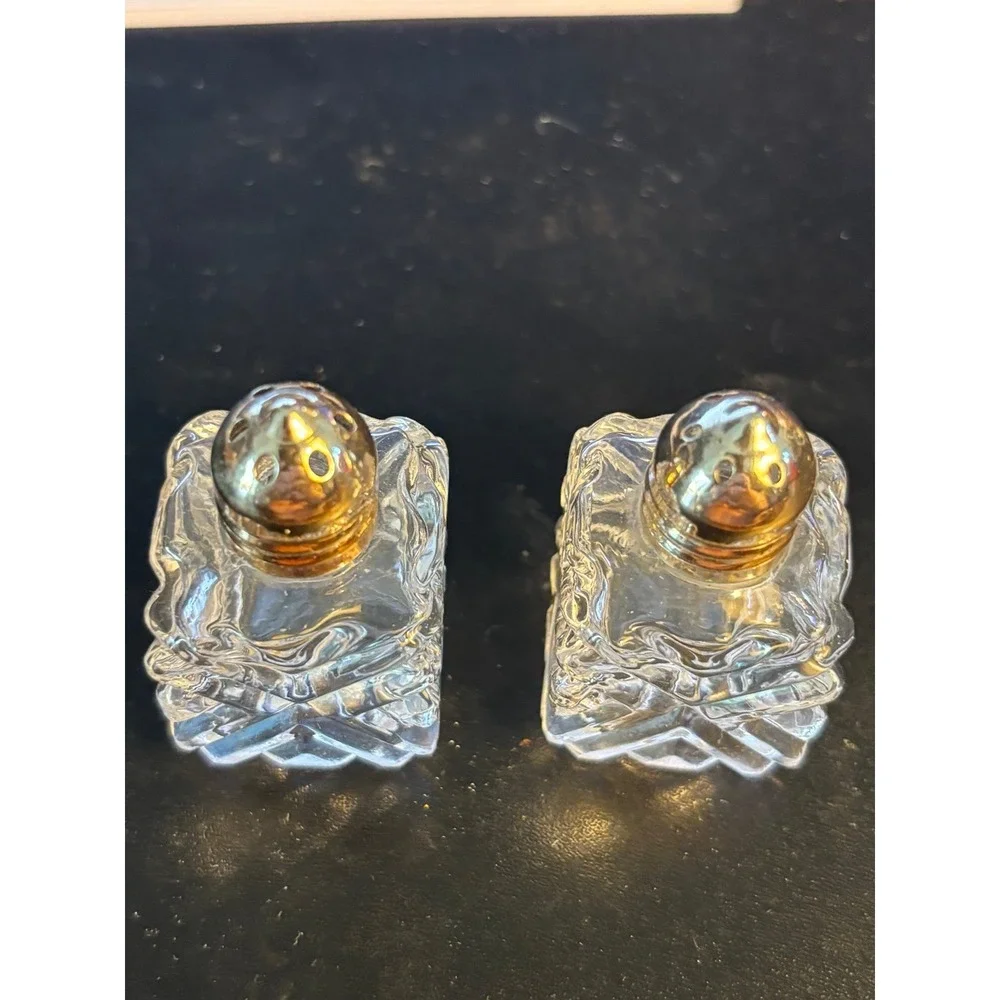 Vintage Crystal Salt and Pepper Shakers with Gold Lids